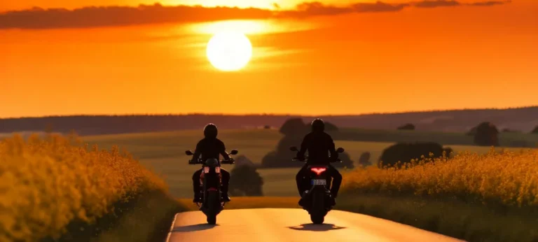 2 bikers riding into the sunset