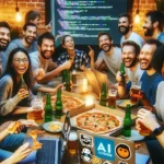 Utvecklare som samlas över öl och pizza