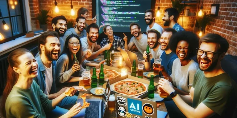 Utvecklare som samlas över öl och pizza
